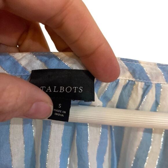 Talbots puff sleeve white and blue striped scalloped sleeve small metallic - Picture 5 of 5